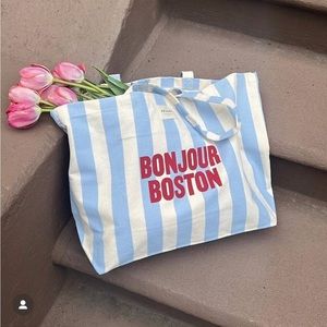 NEW Sezane Bonjour Boston Blue and White Stripe Canvas Tote